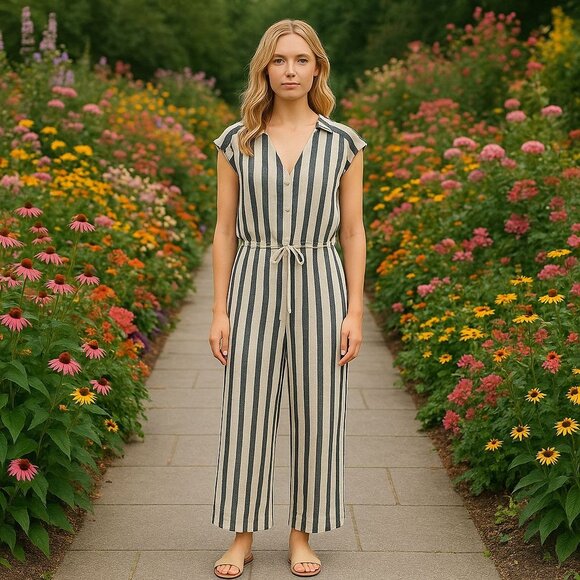 Trovata California Birds of Paradis Ivory Grey Stripe Linen Romper Coastal S - Picture 1 of 13